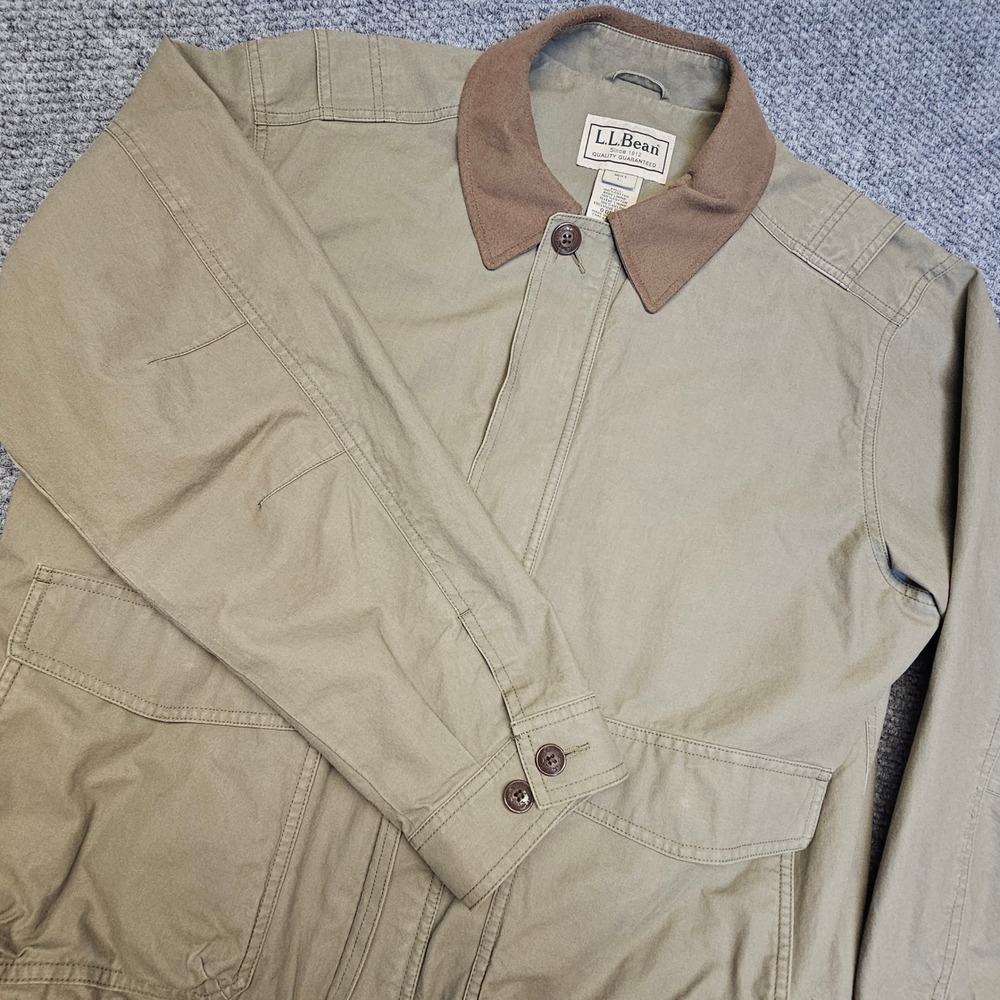LL Bean Chore Jacket Mens Field Tan Cotton Full Zip Collared Utility Work Size L